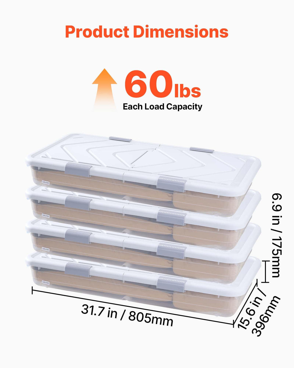 VEVOR Under Bed Storage with Wheels, 31.7 x 15.6 x 6.9 inch Underbed Containers, Underbed Shoes Organizer with Lid & Gray Latch, Rolling Under the Bed Storage Bins for Clothes Shoes Blankets, 4 Pack