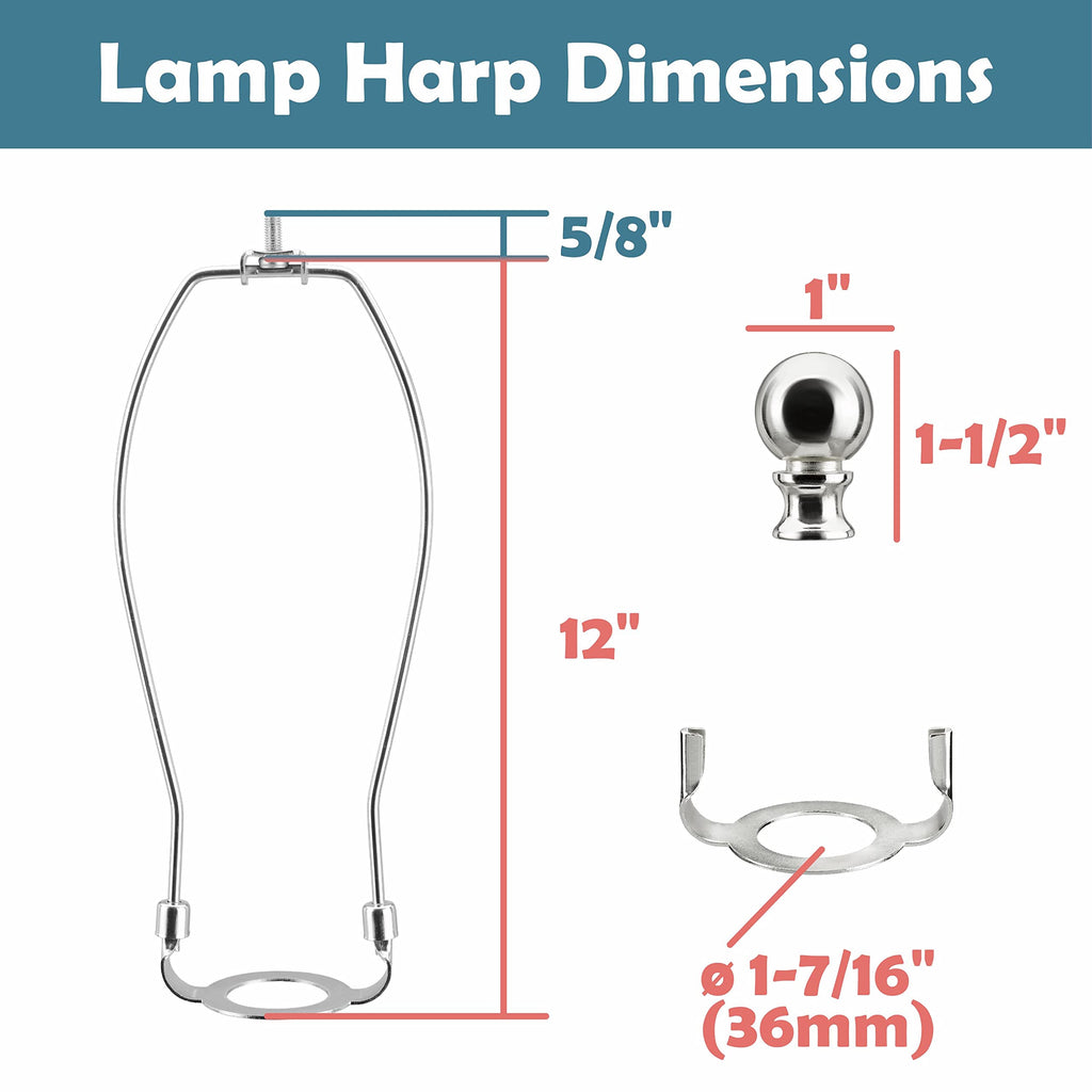 Aspen Creative 20043-22A, 12" Lamp Shade Harp Holder with E26 UNO Fitter Adapter, Includes Solid Steel Bumped Cylinder Finial, 12" Harp, and E26 36mm UNO Fitter in Satin Nickel Finish, 2 Pack