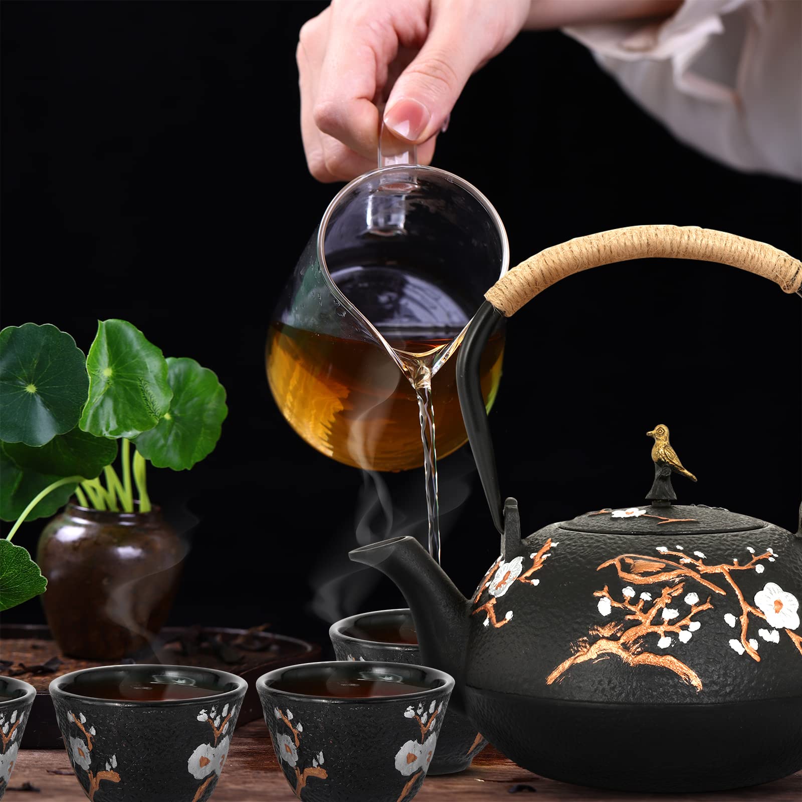 Dyna-Living Cast Iron Teapot 1200ml/40.6oz Japanese Tea Set with 4 Tea Cups Japanese Cast Iron Teapot with Infuser Japanese Tea Kettle Stovetop Gift for Tea Lover