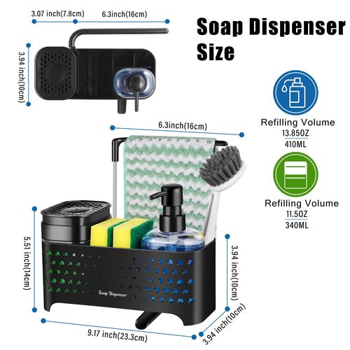 Kitchen Soap Dispenser Set, Sponge Holder for Kitchen Sink, Hand and Dish Soap Dispenser with Sink Caddy - 5-in-1 Design, Non-Slip Drainage Water Kitchen Sink Organizer (Black)
