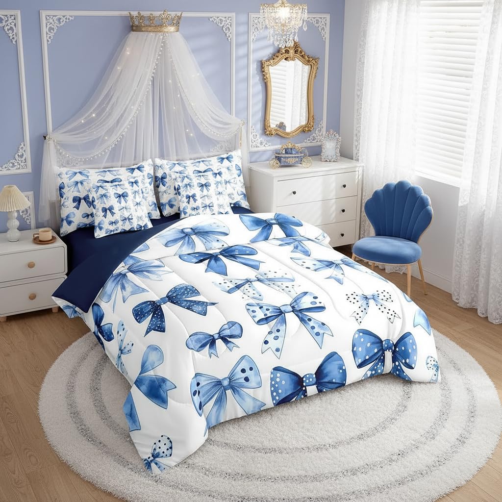 Erosebridal Kids Blue Bow Comforter Set with Sheets Twin Size Princess Bow Tie Girls Bed in A Bag Ultra Soft Butterfly Knot 7 Pieces Bed Set Bedroom Decor Fairy Tale Theme Girlish Room Decor