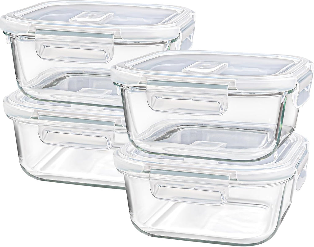 Skiennix Square Glass Containers - 24oz Borosilicate Food Storage Set | Freezer Safe, BPA Free, 4 Pack
