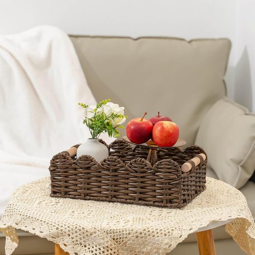 CubesLand Wicker Floating Shelves Baskets - Scalloped Edge Toilet Paper Storage | Brown Rattan with Wood Handle