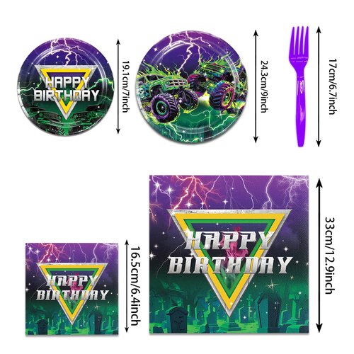 Heidaman 186Pcs Monster Truck Birthday Decorations，Monster Truck Balloon arch，Monster Truck Party decorations，Include Balloon arch,Banner，Backdrop, Cake Toppers，Tableware, Tablecloth