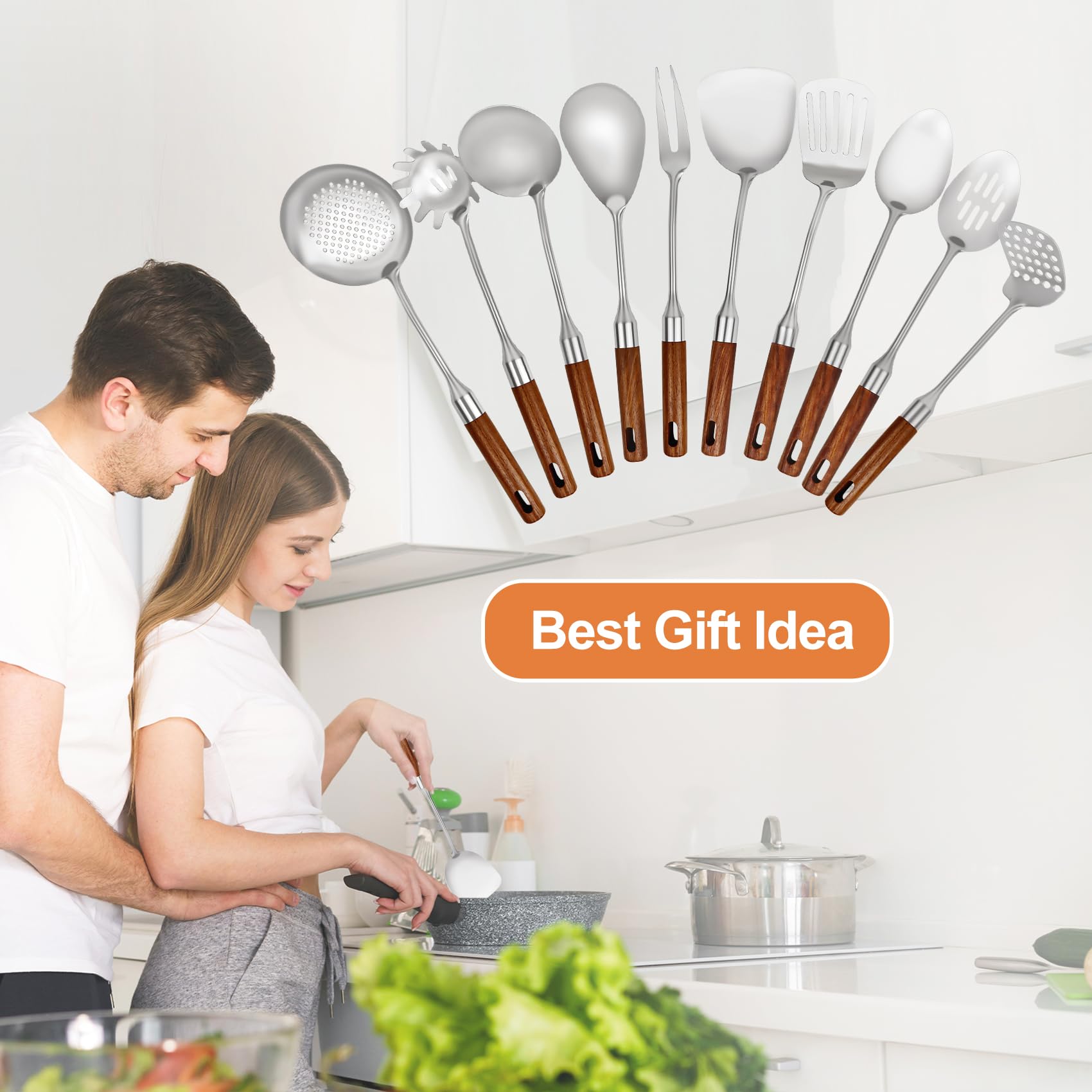 304 Stainless Steel Cooking Utensils Set with Wood Handle,10 Piece Metal Kitchen Utensils Dishwasher Safe Heat Resistant Serving Utensil Wok Tools (13-14in)