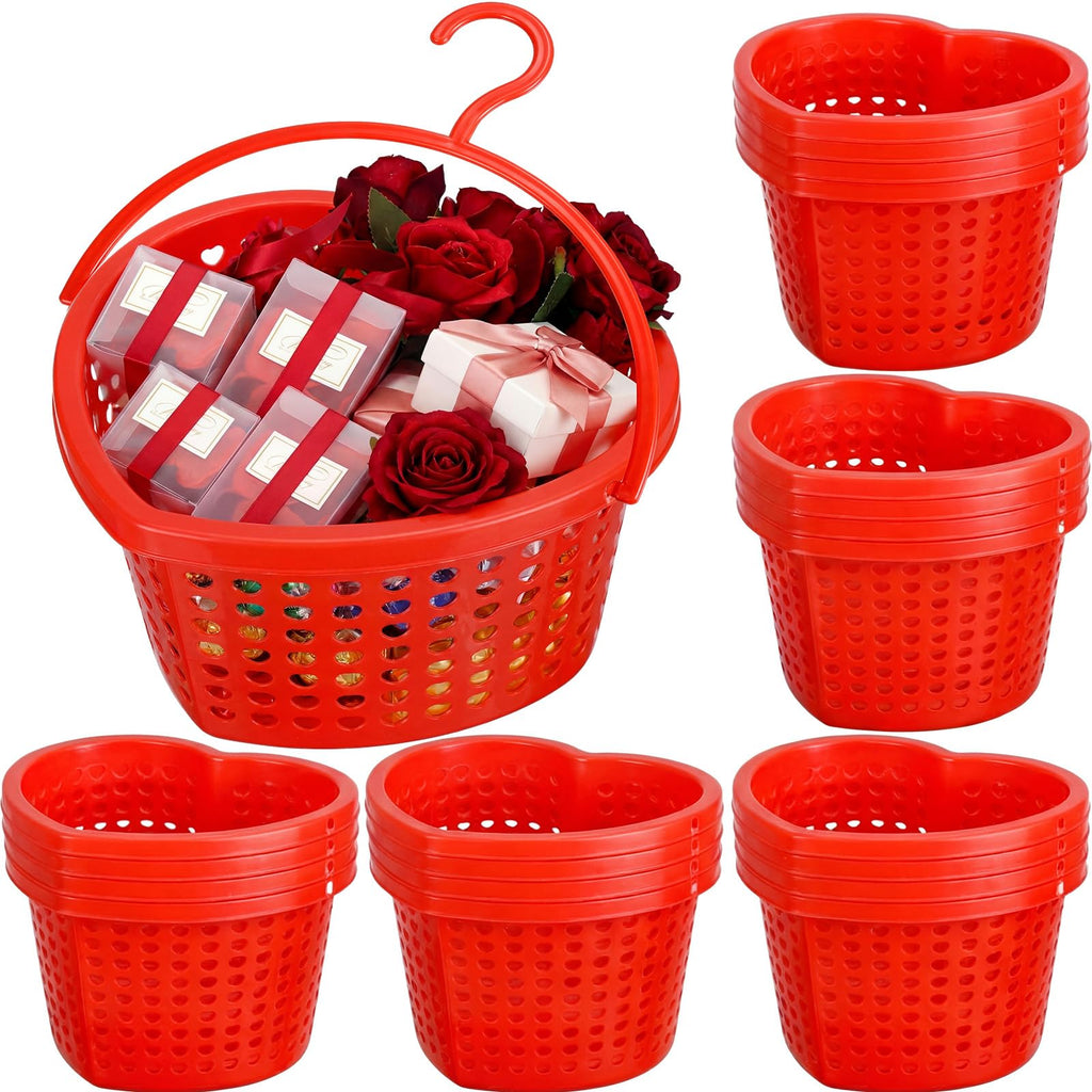 Acellegic 24 Set Pink Valentine's Day Heart Baskets Hollowed Plastic Storage Baskets with Handles for Gift Organizing Home Kitchen Office Birthday Party