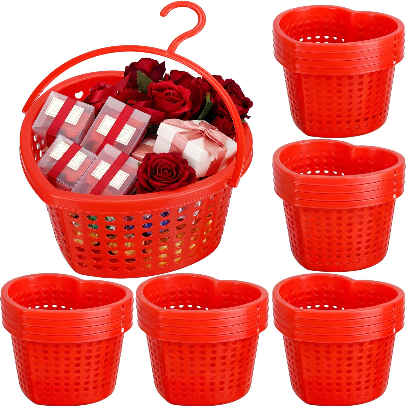 Acellegic 24 Set Pink Valentine's Day Heart Baskets Hollowed Plastic Storage Baskets with Handles for Gift Organizing Home Kitchen Office Birthday Party