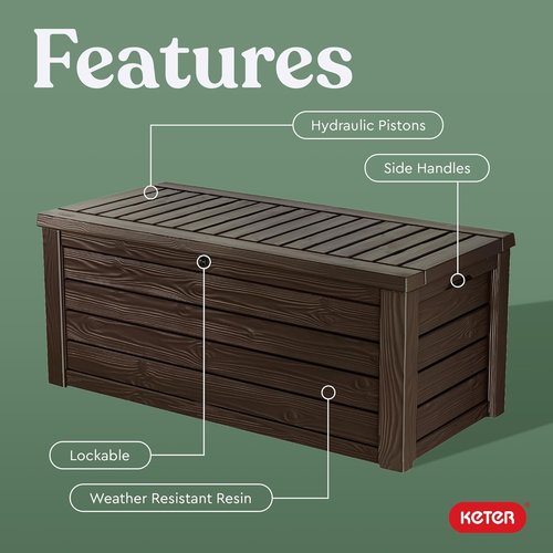 Keter Westwood 150 Gallon Deck Box - Large Brown Outdoor Storage & 2-Person Bench Seat with Lockable Lid