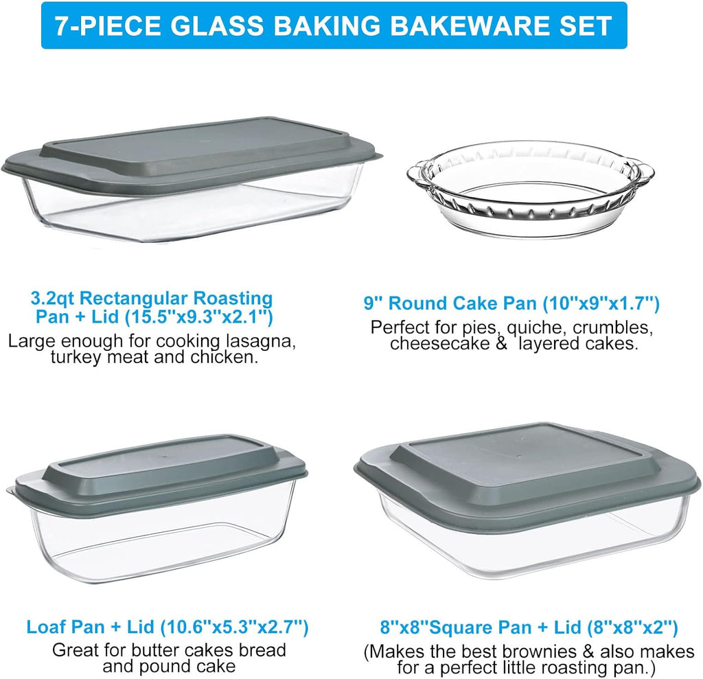 7-Piece Glass Bakeware Set - Oven-Safe Baking Dishes with Lids | Includes Loaf Pan, Pie Plate & Roasting Pan