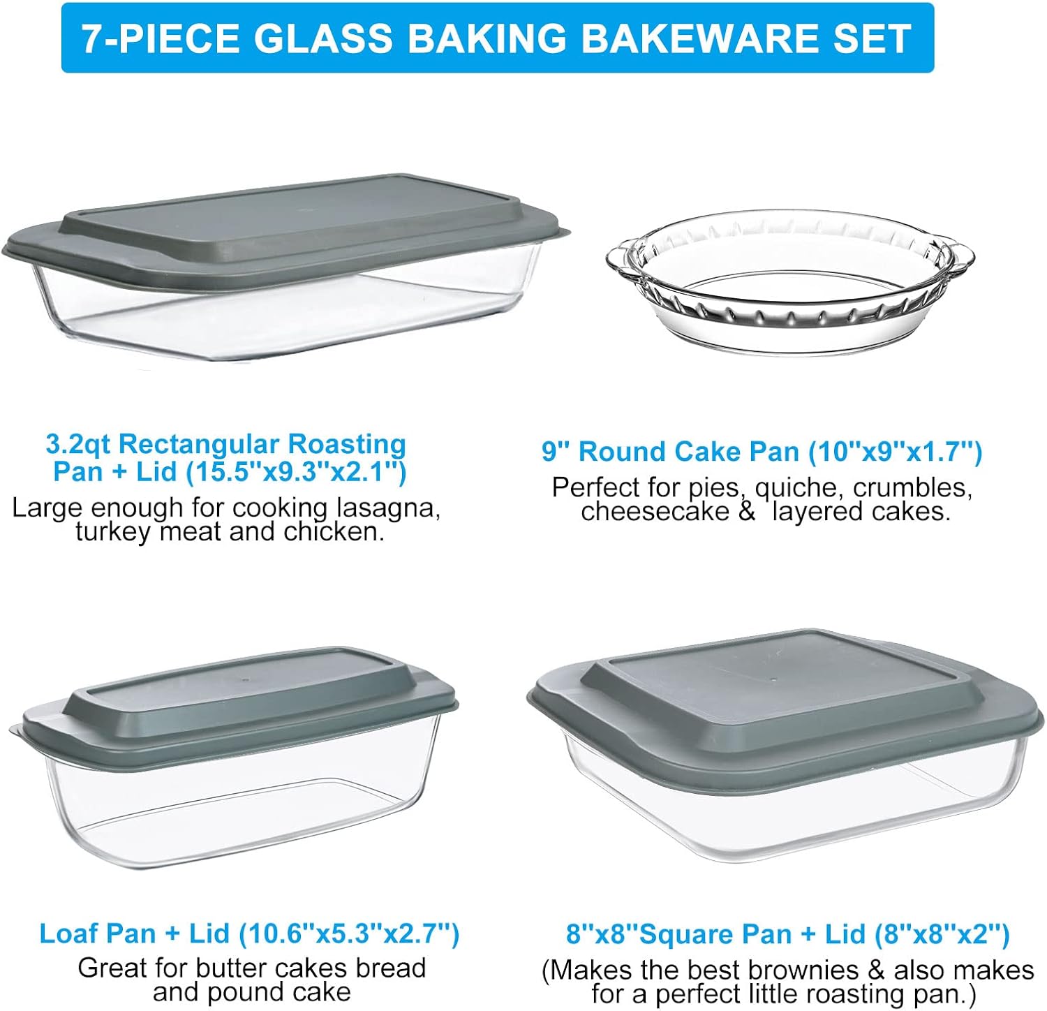 7-Piece Glass Bakeware Set - Oven-Safe Baking Dishes with Lids | Includes Loaf Pan, Pie Plate & Roasting Pan