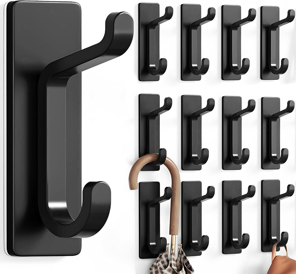 Pickpiff 12 Pack Wall Hooks - Strong 13LB Adhesive Coat & Towel Hangers | Black Finish
