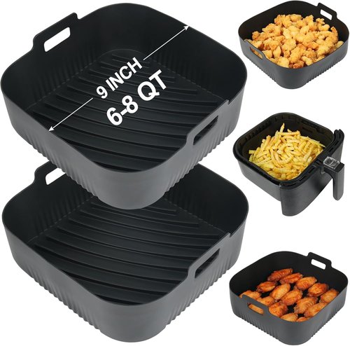 BYKITCHEN 9-Inch Square Silicone Air Fryer Liners - Set of 2, Reusable Tray Inserts for 6 to 8QT Air Fryers