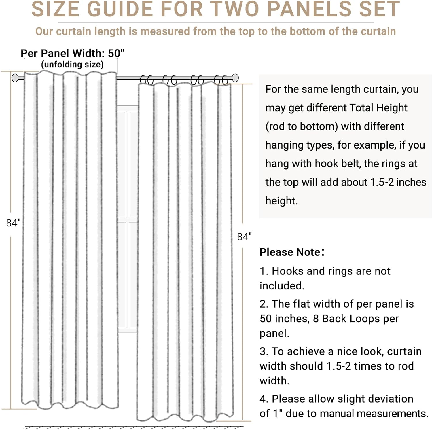 Skiennix 100% Blackout Linen Curtains - Thermal Insulated Drapes for Bedroom | 84" Long, Light Cream, 2 Panels Set