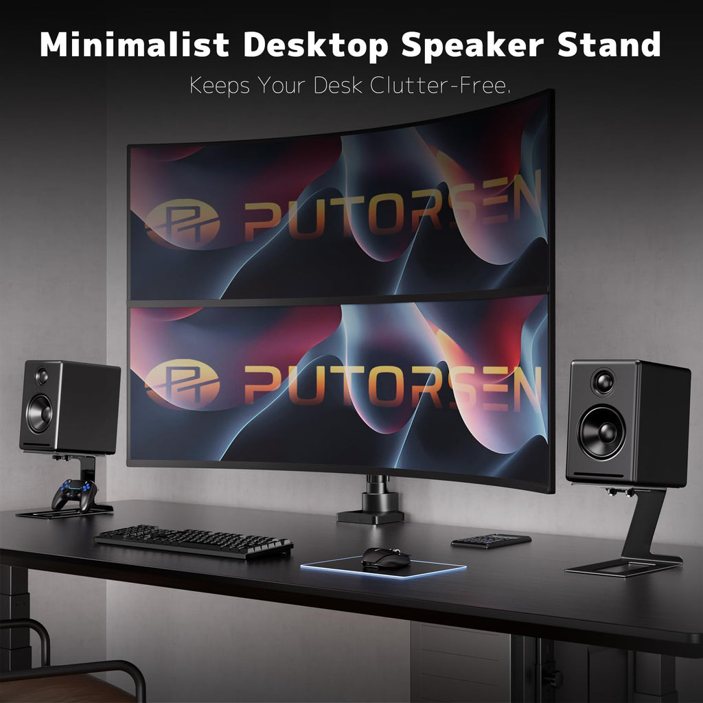 PUTORSEN Desk Speaker Stands,Desktop Speaker Stands for Most Small & Medium Bookshelf Speakers, Computer Speakers,Depth Up to 7.71in,6 Tilt Angle,Speaker Risers with Vibration Absorption Pad, Black