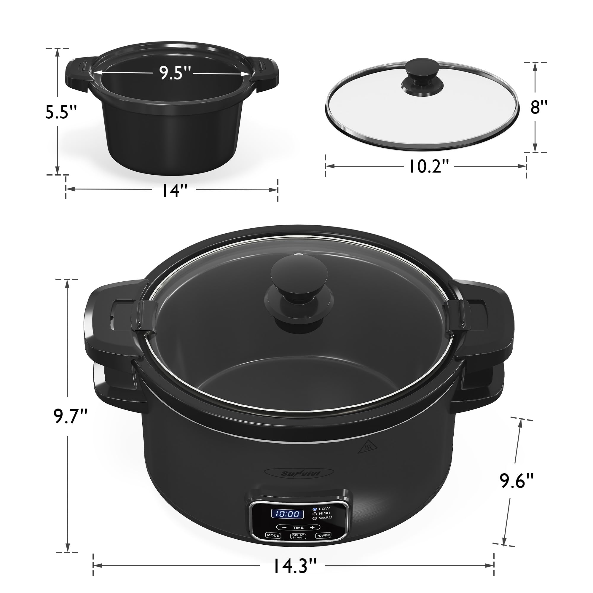 Sunvivi 4QT Programmable Slow Cooker with Locking Lid, Removable Ceramic Pot, 3 Heating Settings & Timer, Dishwasher-Safe, Dark Grey
