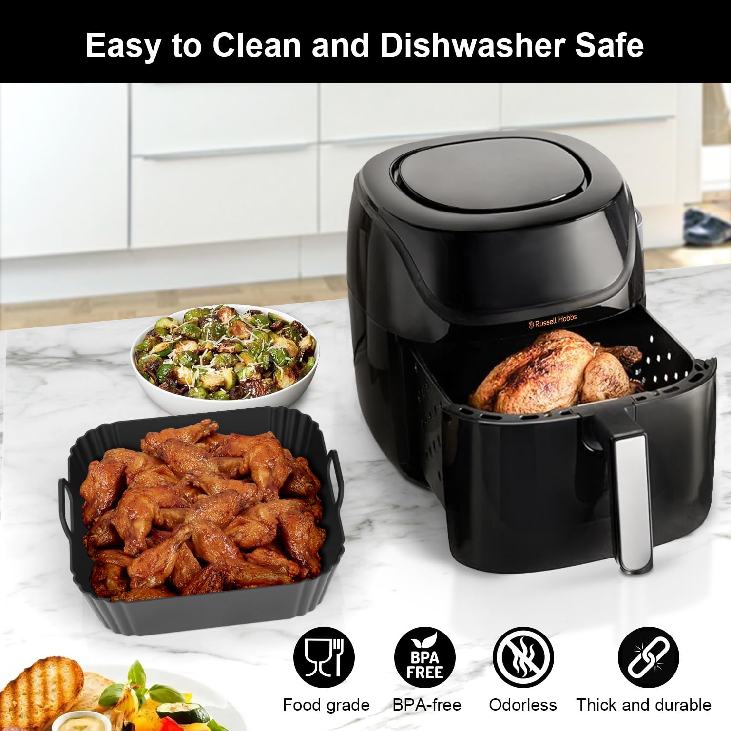 PINTAUR 9-Inch Large Square Silicone Air Fryer Liners for Ninja AF141 AF181 AF142 Cosori 6QT, 2 Pack Silicone Pot Baking Accessories for Chefman, Instant, Cuisinart, Reusable Tray Insert 5–8QT