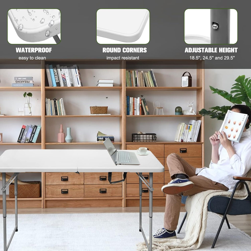 Byliable Folding Table - 4 Foot Portable Heavy Duty Utility Table | Adjustable Height, Indoor/Outdoor, White