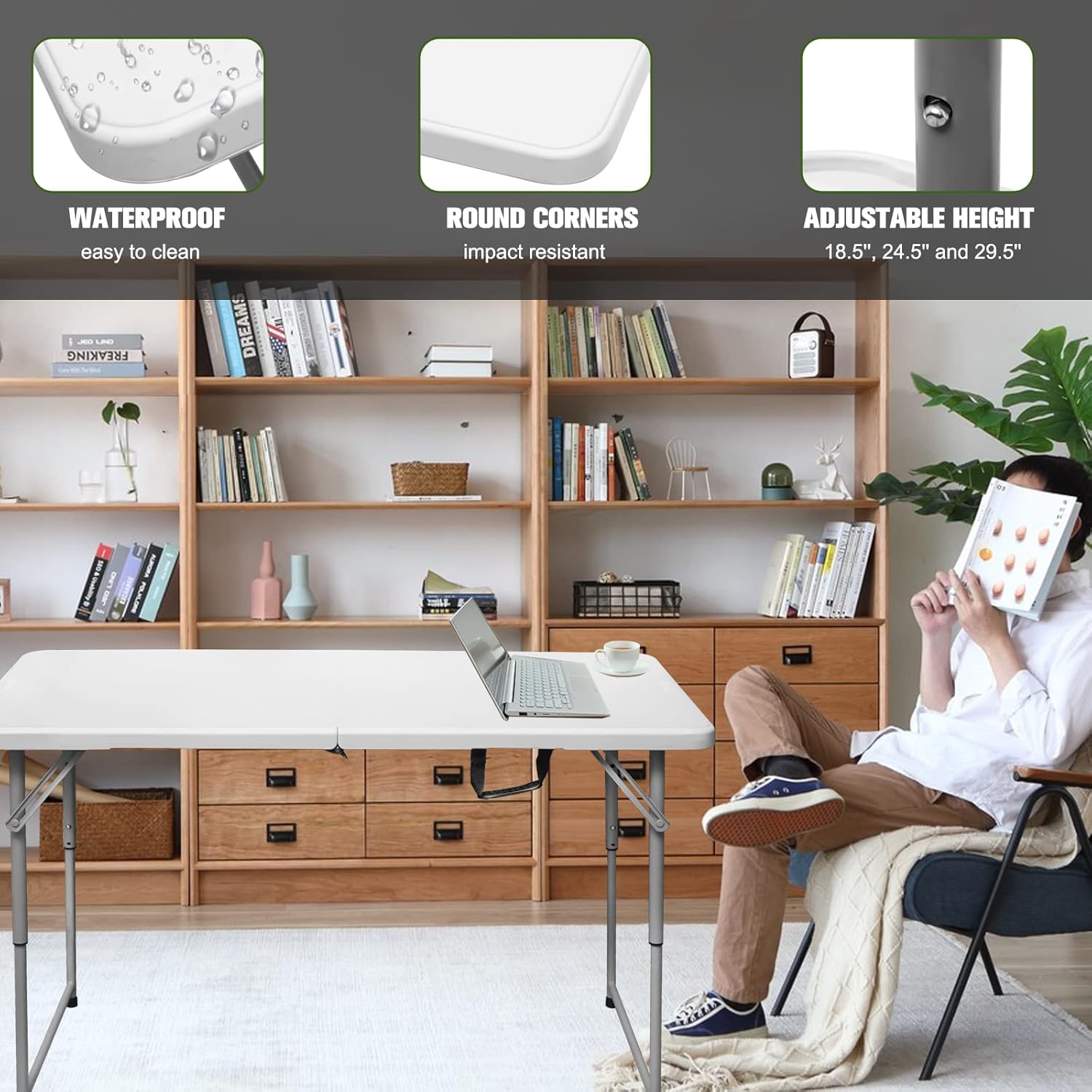 Byliable Folding Table - 4 Foot Portable Heavy Duty Utility Table | Adjustable Height, Indoor/Outdoor, White