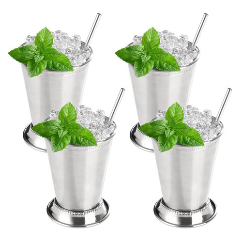 Fijinhom 12oz Mint Julep Cups with Straws Set of 4, Stainless Steel Beaded Mint Julep Cups, Mint Julep Glasses for Cocktails Mixed Drinks, Metal Cups for Beer Juice Beverage Party Bar Home Restaurant