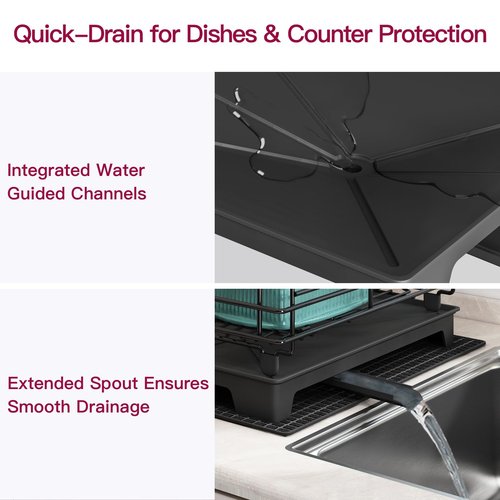 BOOSINY 2 Tier Black Large Stainless Steel Dish Drainers Drying Rack for Kitchen Counter with Drainboard, Rust Proof Metal, Space Saving, Modern Aesthetic, Compact Plates Strainers with Extra Mat
