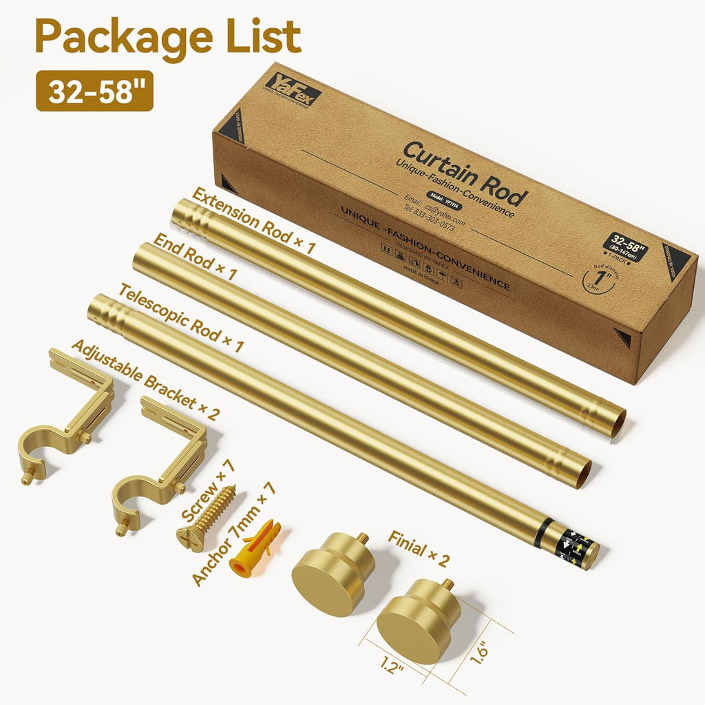 YaFex Adjustable Curtain Rods - Heavy Duty 1 Inch, 32-58 Inch, Modern Gold Design, Easy Installation