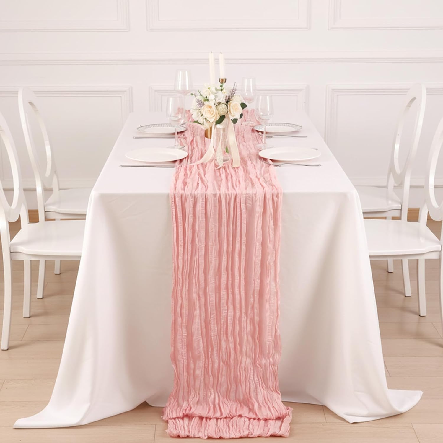 Peach Pink Cheesecloth Table Runner - 35x120 Inch for Baby Showers, Weddings & Parties