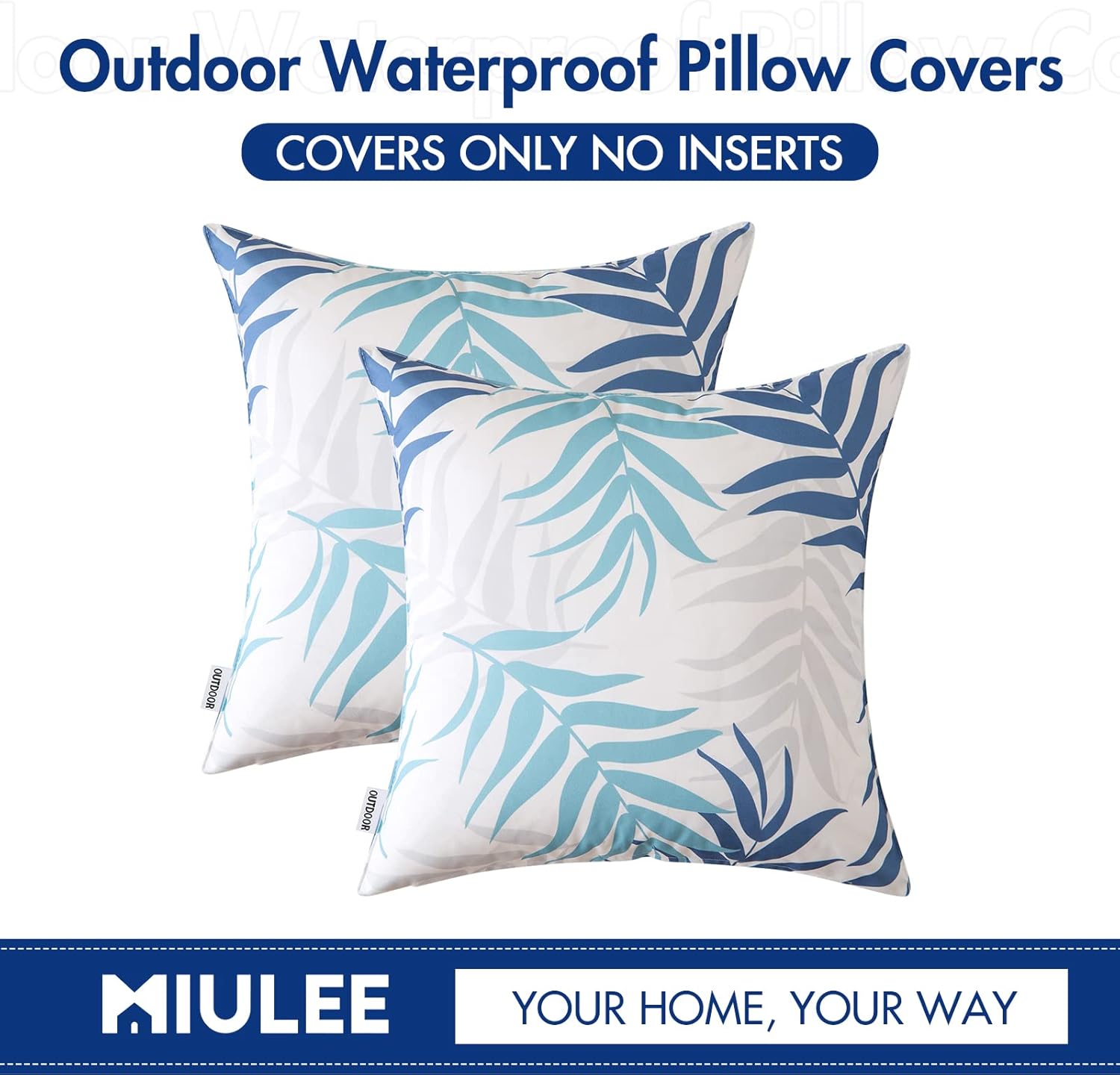 MIULEE Decorative Outdoor Throw Pillow Covers - Waterproof Natural Leaves Pattern, 18x18 Inch, Blue - Pack of 2