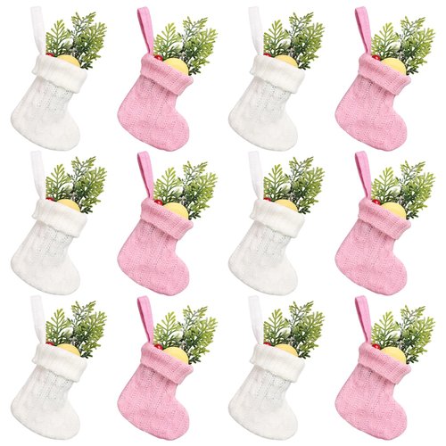 CCINEE 12Pack Mini Christmas Stockings, Pink and White Knitted Xmas Stocking Small Knit Hanging Stocking Decoration for Holiday Home Wall Fireplace Christmas Tree Decor