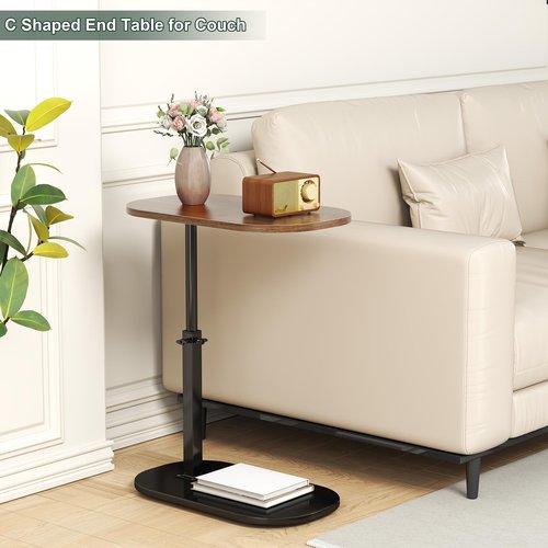 C Shaped Side Table, Adjustable Height C Shaped End Table, 360°Swivel Couch Side Tables That Slide Under, Modern Small Coffee C Table End Table for Sofa/Bed/Bathtub, Rotating Tabletop (Walnut)