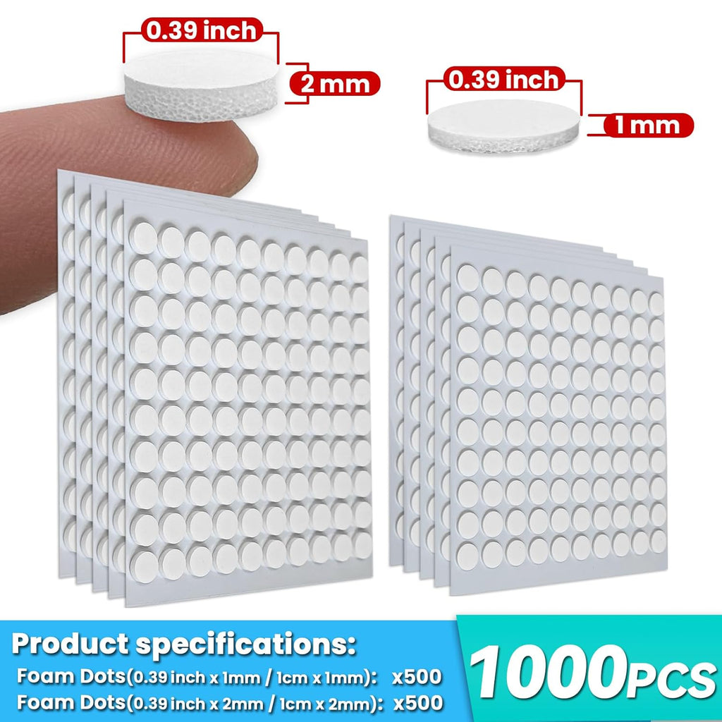 Tikfoam Double-Sided Adhesive Foam Dots - 1000 Pcs, 2mm & 1mm Thick for Crafting & DIY Projects