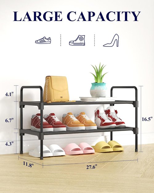 Kitsure Shoe Rack - Sturdy Space-Saving Organizer for Closet & Entryway | 27.6" x 11.8" x 16.5", Black