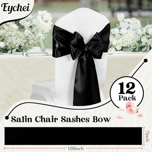 Black Satin Chair Sashes by [Brand Name] - 12 Pcs, 7x108 Inch Bows for Weddings & Events