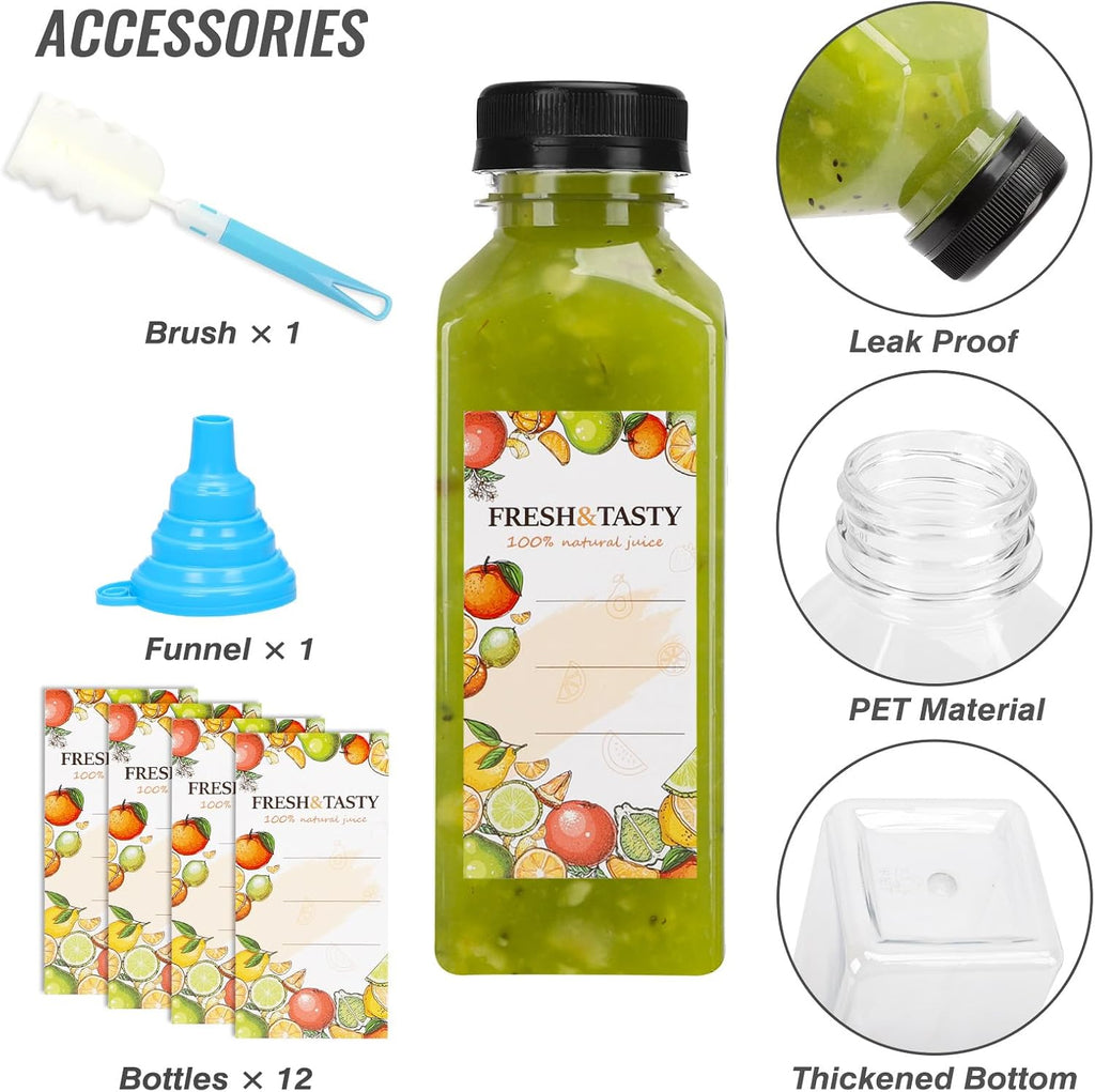 TOMNK 12oz Reusable Juice Bottles - 12pcs Plastic Containers with Caps, Labels & Accessories