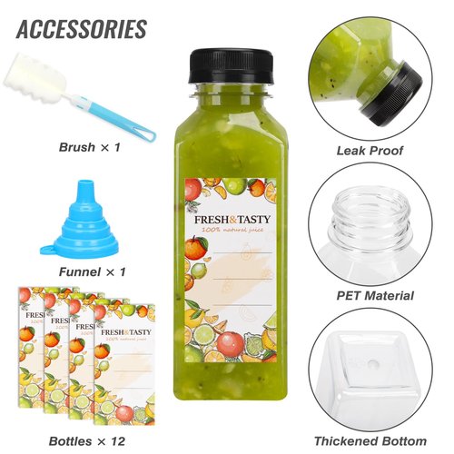 TOMNK 12pcs Juice Bottles, 12oz Reusable Plastic Juice Containers Bottles with Caps and Labels, Funnel, Brush Beverage Containers for Juicing, Smoothies, Tea, Milk