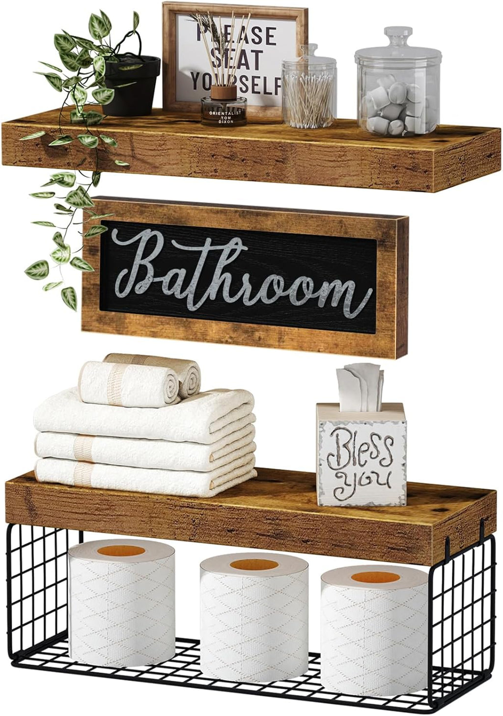 QEEIG Bathroom Shelves - Over Toilet Storage Set of 3 | Stylish Bathroom Decor Bundle