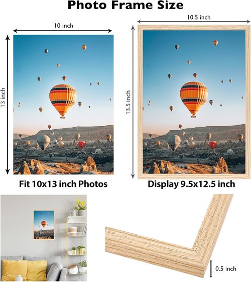 JCJMY 10x13 Picture Frame - Wall Mountable for Horizontal or Vertical Display | Shatter-Resistant Plexiglass, Natural Finish