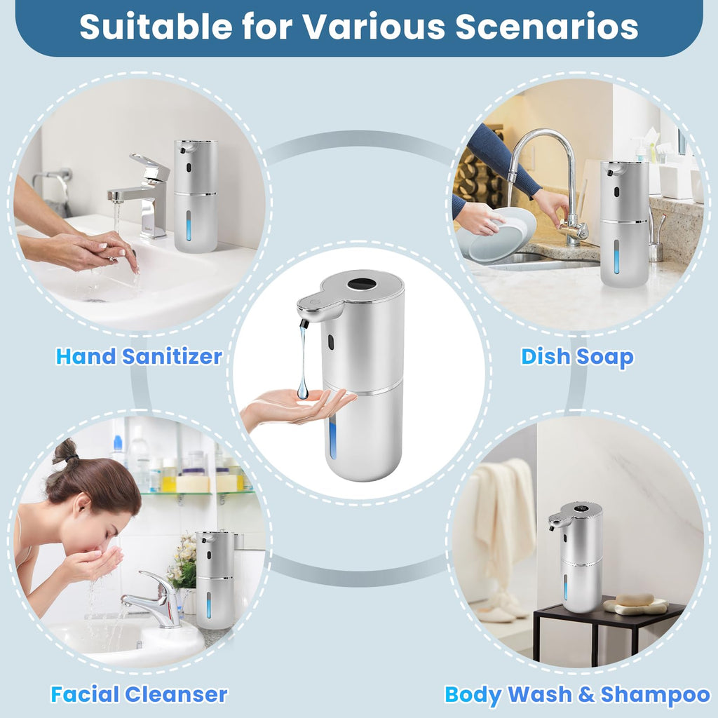 Automatic Soap Dispenser, Touchless Liquid Soap Dispensers, USB Rechargeable, 6-Level Adjustable Volume Control, 12.8oz/380ml, Wall Mount for Kitchen, Bathroom, Free Liquid Dispenser Stickers (Silver)
