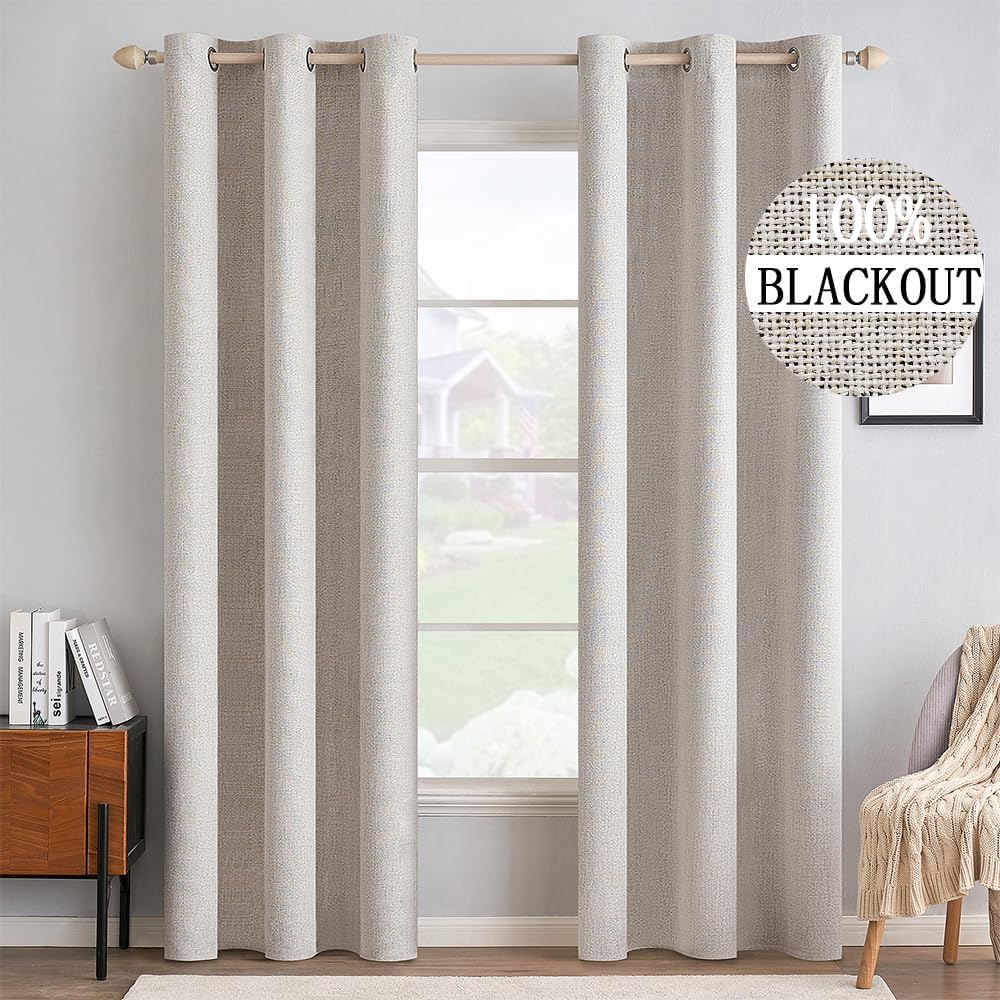 MIULEE Blackout Linen Textured Curtains - Thermal Insulated Ivory Drapes for Bedroom | 42 x 84 Inch (2 Panels)