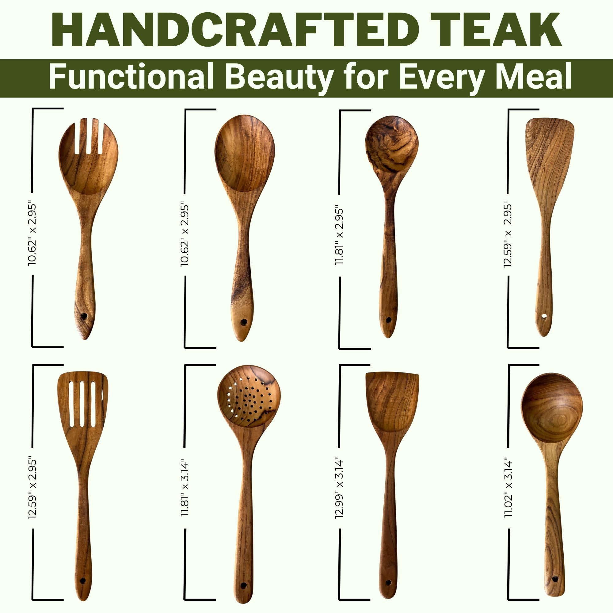 Solange & Frances Teak Wooden Utensil Set. Premium Cooking Utensils, and Non Toxic Cooking Utensils. Unique Gift for Women, Gift for Mom, Gifts for Grandma, or Gifts for Women Who Have Everything