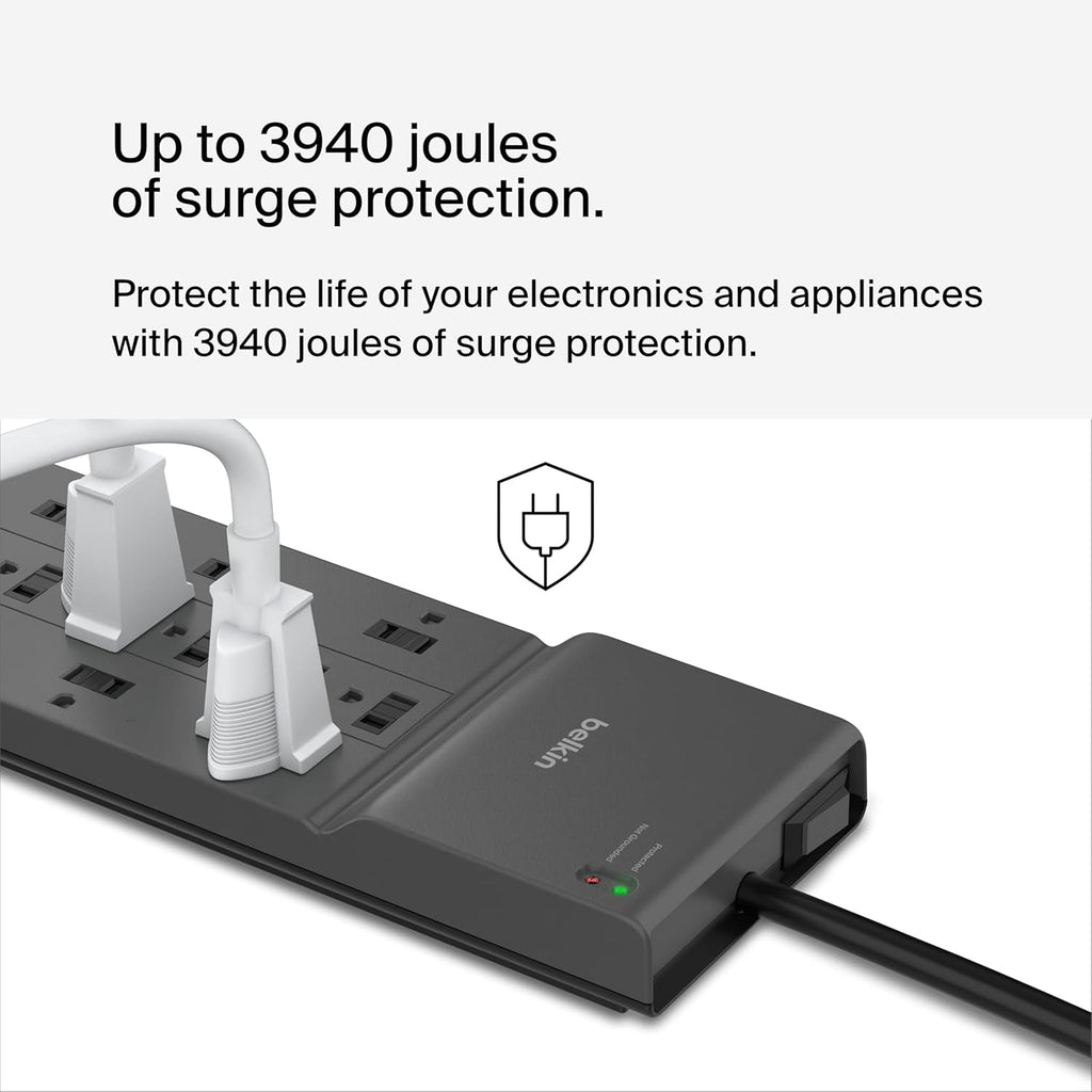 Belkin 12-Outlet Surge Protector Power Strip - 12 AC Outlets, 8ft Flat Plug, 3,940 Joules Protection for Home & Office