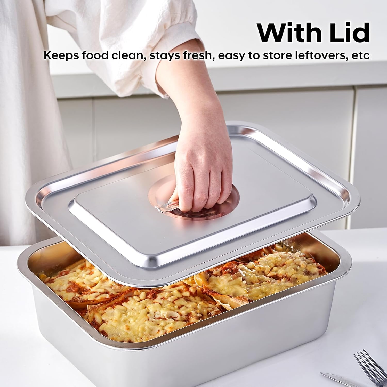 Skiennix 4-Piece Extra Deep Lasagna Baking Pan Set - 11x14 Inch Nonstick Stainless Steel with Lids
