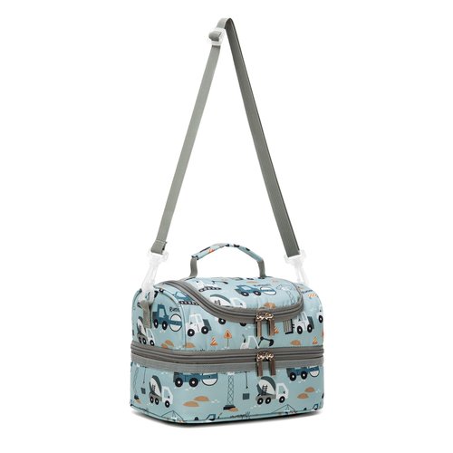Khulula Insulated Kids Dual Compartment Lunch Bags Tote Pack for Girls Boys Toddler Kindergarten School Picnic Food Cooler Boxes with Shoulder Strap (LightBlue Car, Double Decker)