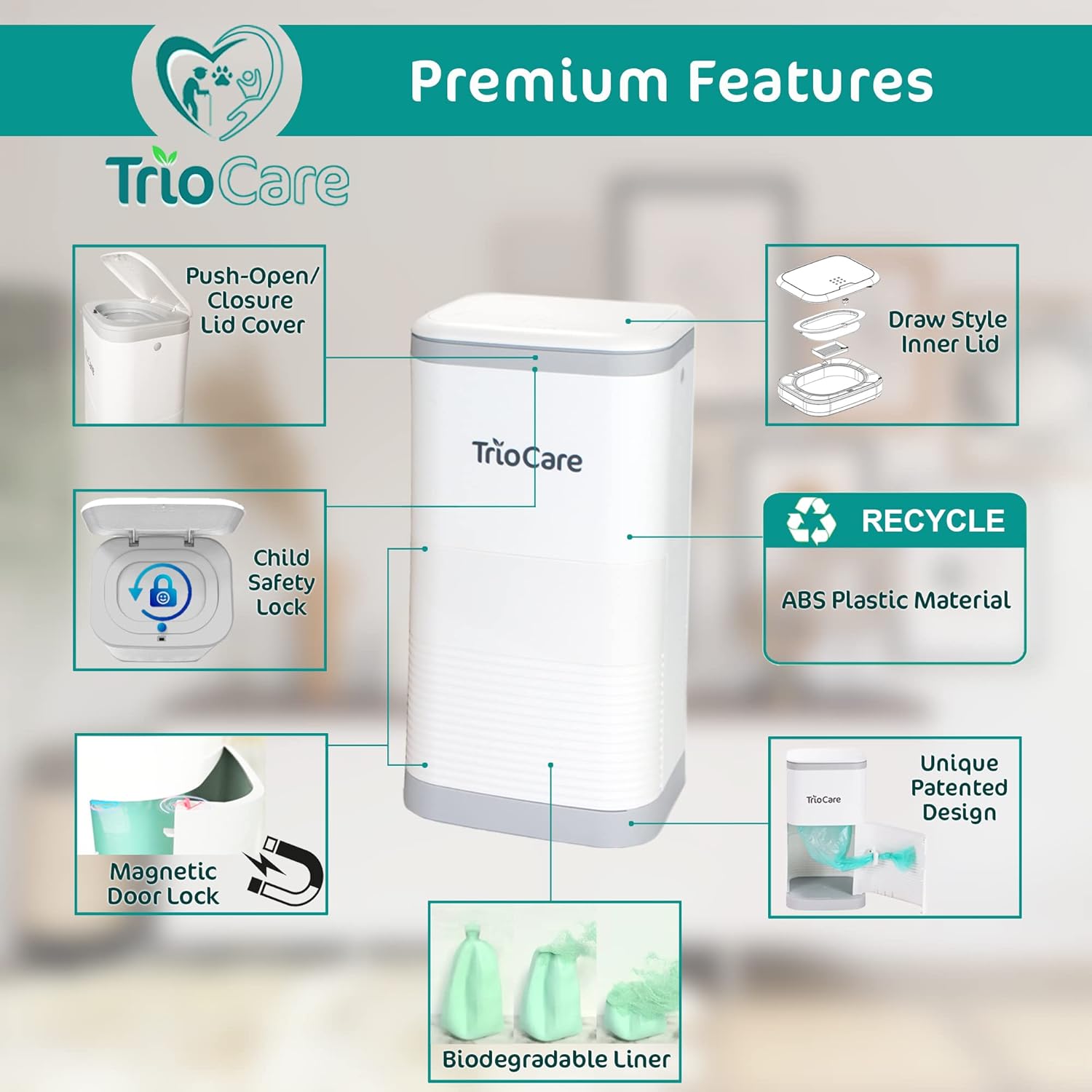Odor Locking Diaper Pail - Lavender Scent | 12-Month Refill Supply | Modern Waste Disposal Solution