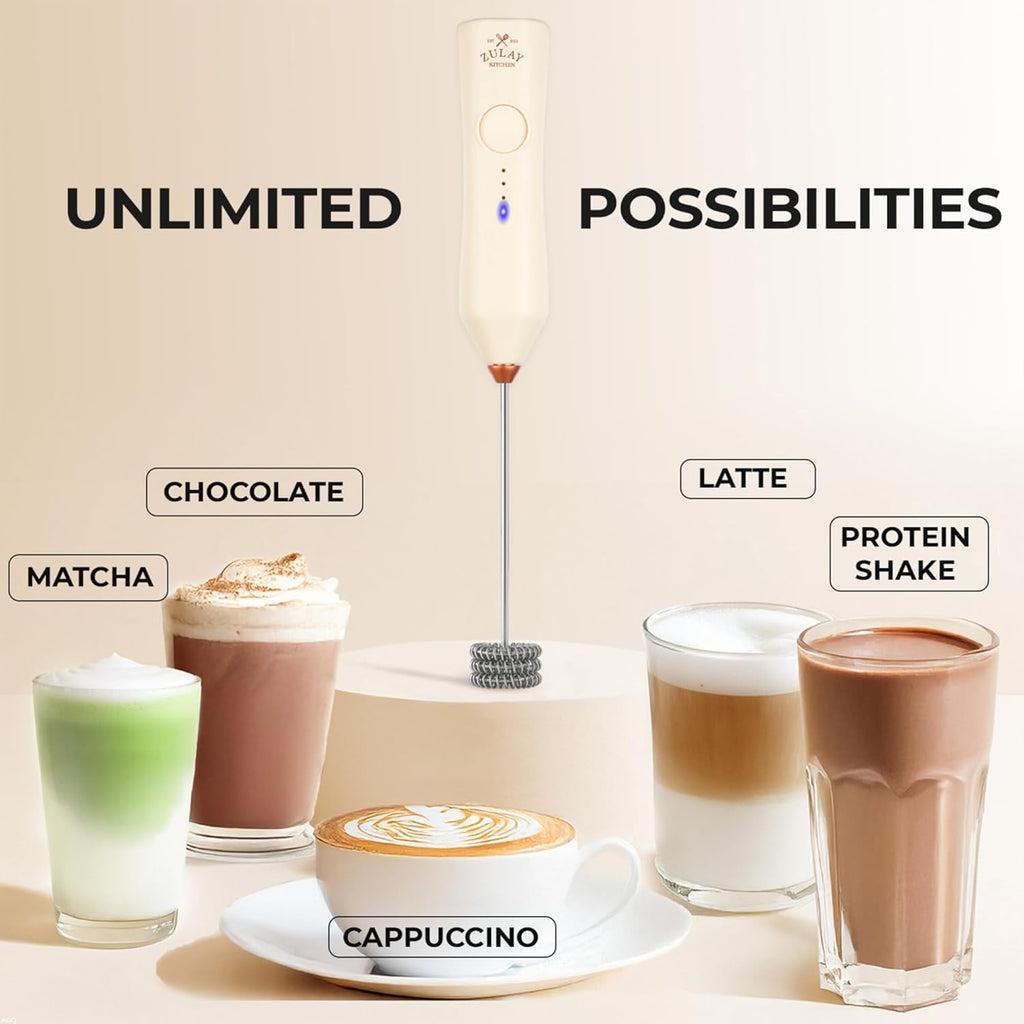 Zulay Kitchen Rechargeable Milk Frother - 3 Speed Drink Mixer with 3 Whisk Attachments - Cream Copper