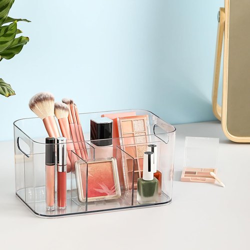 5-Compartment Clear Plastic Bin | Versatile Organizer for Art Supplies & Makeup - Ideal for Home & Office