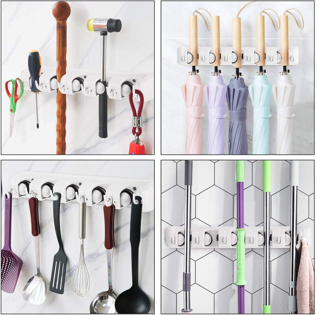 Tangkula Wall Mount Broom Holder - 5 Slot Organizer with 6 Hooks for Home, Kitchen & Garage Storage