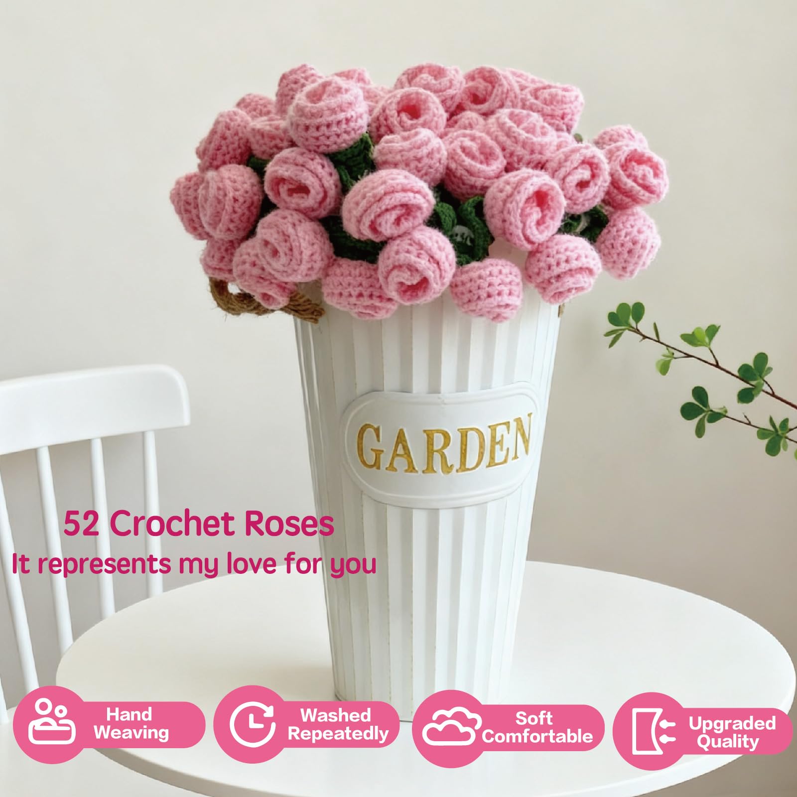 SoffMoiis 47-Inch Round Crochet Rose Flower Bouquet Blanket for Bed & Couch, Romantic Gift for Daughter Birthday, Valentine, Christmas,Mother's Day (Pink)