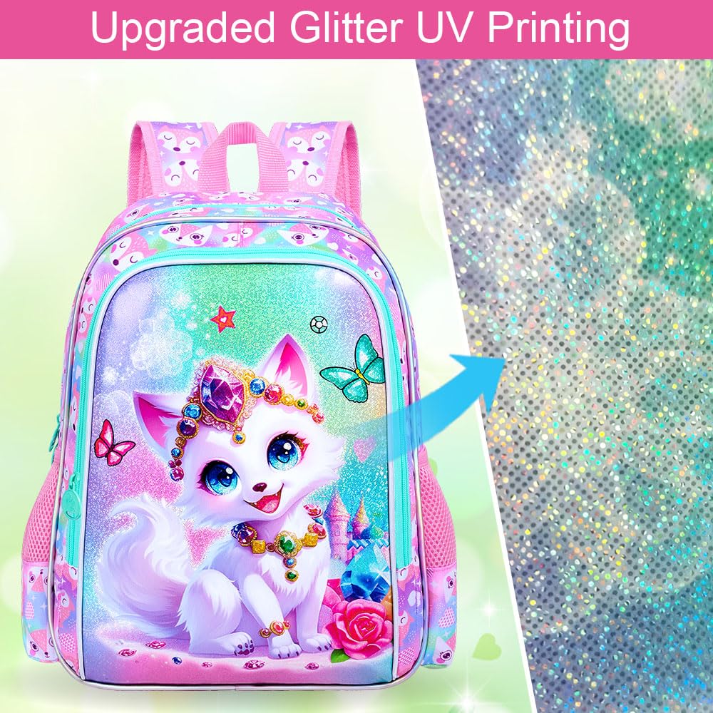 ZLYERT 16" Fox Backpack for Girls, 3Pcs Kids Bookbag for Elementary Preschool Kindergarten, School Backpacks with Lunch Box(Pink)