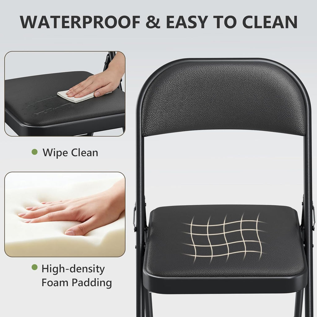 Skiennix Folding Chairs - Comfy PU Leather Padded Seats for Indoor & Outdoor Use | Heavy-Duty 4-Pack