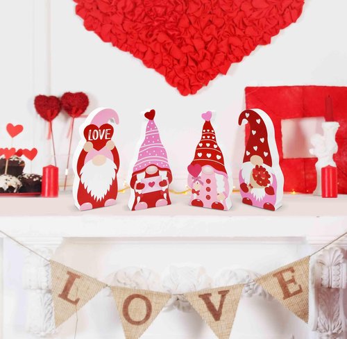 Gift Boutique Valentines Day Decor Gnome Table Sign, 4 Pcs Galentines Day Red and Pink Wooden Home Tiered Tray Decorations Valentine Gifts